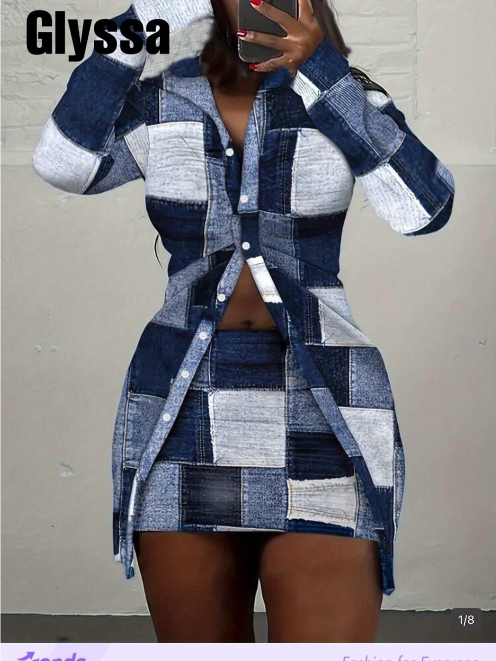Blue Patchwork Button-Front Mini Skirt Set